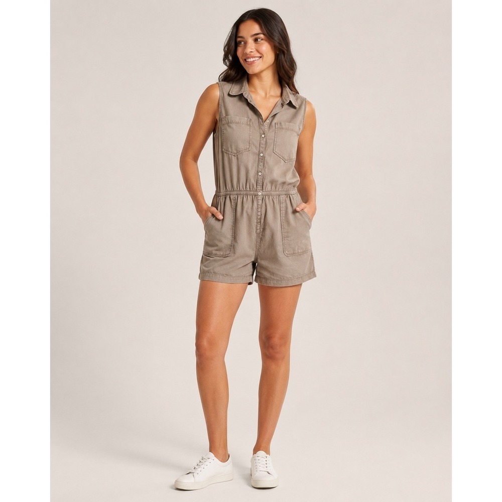 Pact Safari Romper Shortalls Womens XL Khaki‎ Organic Cotton Elastic Waist